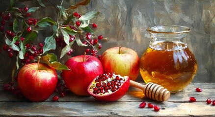 Fresh red apples and honey with pomegranate on a rustic wooden table.