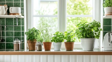A bright and airy kitchen with green tiles, white cabinetry, and fresh herbs growing on the windowsill.