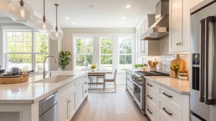 A bright kitchen with white cabinets, stainless steel appliances, and a large island, bathed in natural light.
