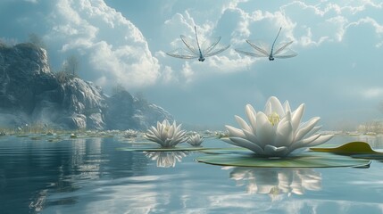 Tranquil Lakeside Dreamscape: Chrome Water Lilies & Glassmorphism Dragonfly