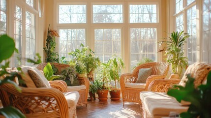 A bright sunroom with wicker furniture, indoor plants, and large windows letting in plenty of natural light.