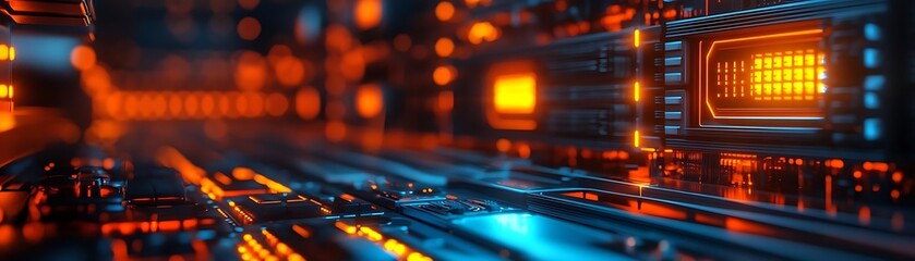 Futuristic Server Racks With Orange And Blue Neon Lights 3D Illustration