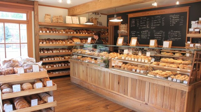 Fresh Baked Bread Display in Rustic Bakery Interior
