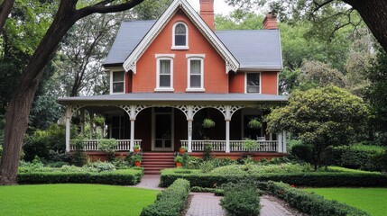 A charming old house with a red brick facade, white trim, and a manicured front garden, evoking a classic look.