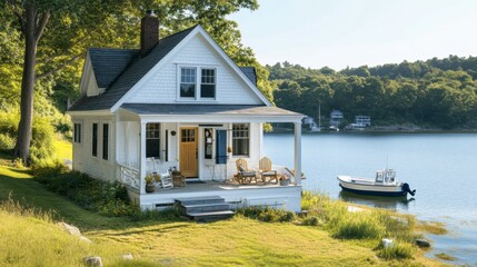 Obraz premium A charming seaside cottage with a white exterior, nautical accents, and a cozy porch overlooking the water.