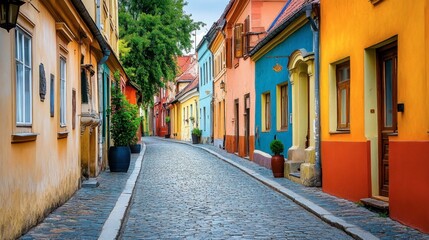 A charming old town with narrow streets, colorful facades, and historic buildings.