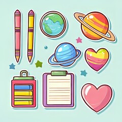 Colorful cartoon space-themed stickers on a soft pastel background.