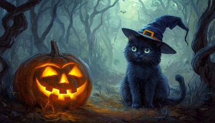 Fototapeta premium A black cat wearing a witch's hat sits beside a carved pumpkin in a spooky forest setting, evoking Halloween vibes.