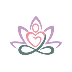 Yoga lotus pose vector logo design. Yoga love stylized vector icon.