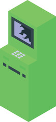 Green cash machine with broken display showing error message, isometric 3d vector illustration
