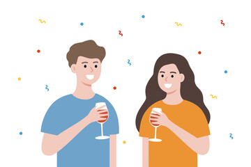 Happy man and woman celebrating. Holiday celebration, party, relax, festival, lifestyle concepts. Flat vector design isolated illustration with colorful confetti background.