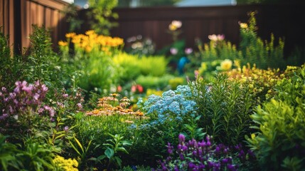 A colorful garden with various shades of green, blooming plants, and a wooden fence in the background.