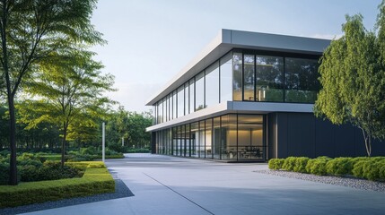 A contemporary office building with a minimalist design, large glass panels, and a well-maintained surrounding landscape.