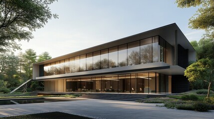 Obraz premium A contemporary office building with a minimalist design, large glass panels, and a well-maintained surrounding landscape.