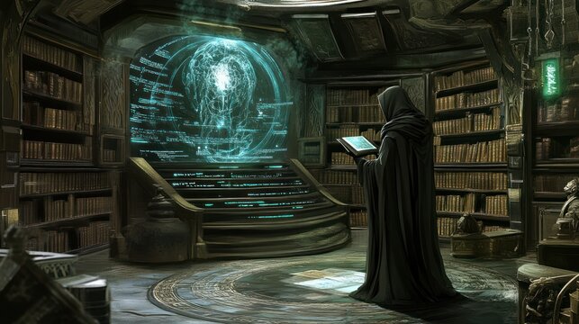 A hooded figure studying an ancient text in a grand library with a futuristic screen.