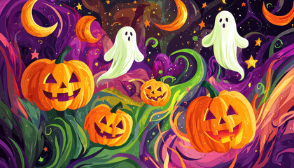 A vibrant Halloween-themed illustration featuring playful ghosts and carved pumpkins amidst swirling colors.