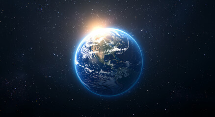 Fototapeta premium Earth Glowing in Space with Starry Sky and Light Rays