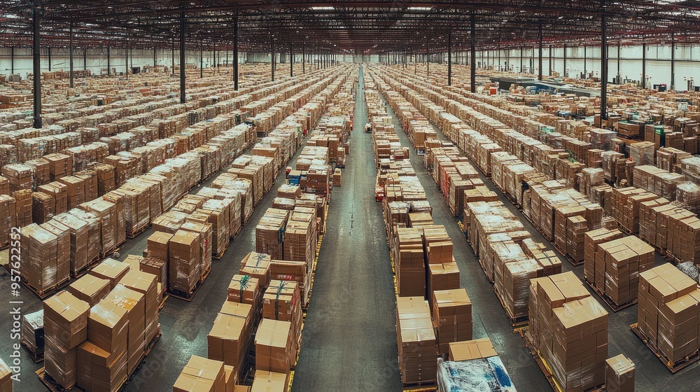 Wall mural Endless Rows of Cardboard Boxes in a Warehouse