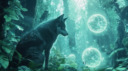 Mystical Wolf in Enchanted Forest with Glowing Orbs