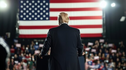 A man in suit giving speech at the podium of an American campaign rally, with an American flag behind. Concept for US election.