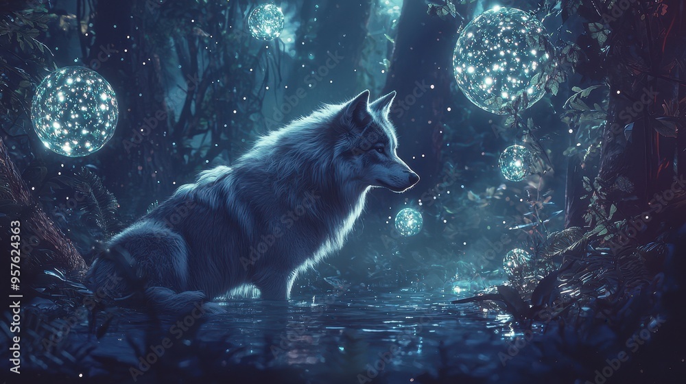 Wall mural wolf in enchanted forest with glowing orbs