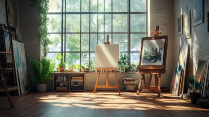 A creative studio with an easel, paints, and canvases, filled with natural light from large windows.