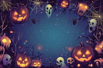 A spooky Halloween-themed illustration featuring pumpkins, ghosts, spiders, and cobwebs against a blue background.