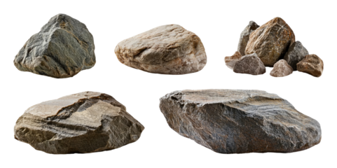 Set of five different rocks isolated on transparent background.