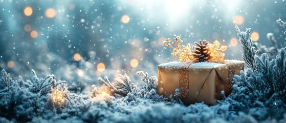 Soft and elegant winter scene, Christmas gift box.