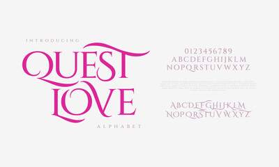 Questlove typography beauty fashion elegant minimalist serif italic fonts decorative wedding vintage retro logos. Minimal luxury font alphabet logo. Vector illustration