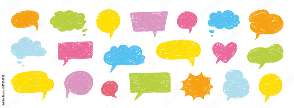 Poster Crayon talk speech balloon frame doodle vector. Hand drawn crayon doodle speech cloud bubble set. Chalk texture sketch text talk cloud balloon frame background. Vector illustration.