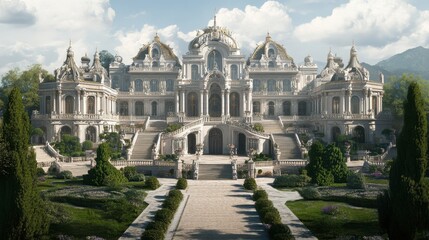 Fototapeta premium A grand palace with intricate architectural details, large gardens, and a majestic entrance.