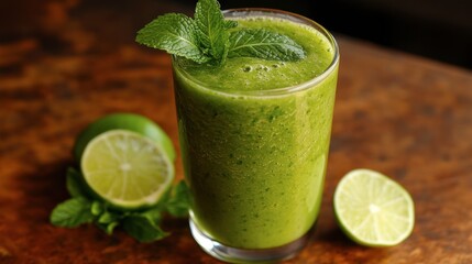 Fototapeta premium A green smoothie in a glass, with a garnish of mint leaves and a slice of lime, sitting on a wooden countertop.