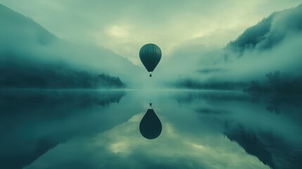 Hot Air Balloon Reflection in Foggy Lake Landscape