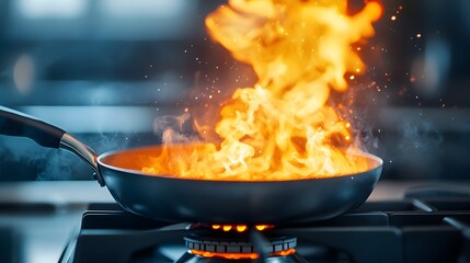 Flaming pan on a stove, flames reaching out, chaotic kitchen scene, high-energy fire explosion, smoke clouds, dark ambiance, dramatic contrast, cinematic shot