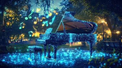 Magical Piano Under the Night Sky with Music Notes