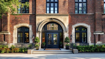 Fototapeta premium A historic brick building with intricate architectural details, large arched windows, and a welcoming entrance.