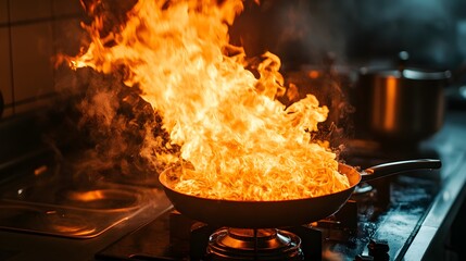 Flaming pan on a stove in a dark kitchen, the intense fire casting dramatic shadows, flames licking the walls, thick smoke filling the air, chaotic scene