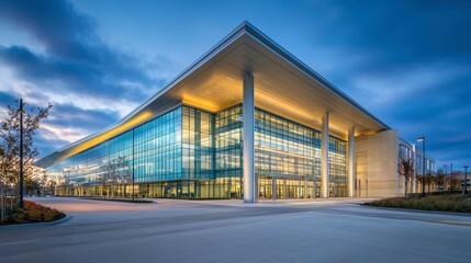 Obraz premium A large convention center with a modern facade, expansive glass walls, and an impressive main entrance.