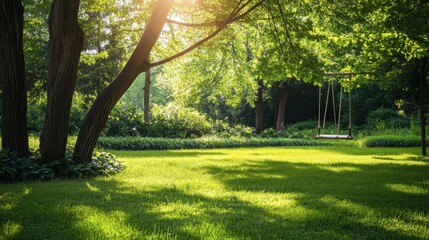 A lush green lawn with a few trees and a swing set, perfect for a relaxing afternoon outdoors.