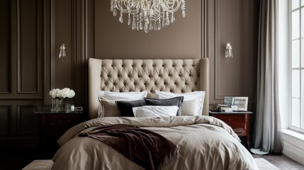 A luxurious bed with a tufted headboard, silky sheets, and a chandelier hanging above, in an elegant bedroom.
