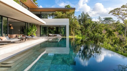 Fototapeta premium A luxurious residential villa with an infinity pool, modern design, and beautifully landscaped grounds.