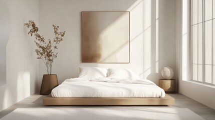 A minimalist bedroom with a platform bed, crisp white linens, and a single piece of abstract art on the wall.