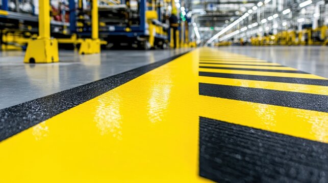 Yellow and Black Warning Stripes on Factory Floor