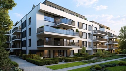 Obraz premium A modern apartment complex with an elegant facade, landscaped courtyards, and stylish balconies.