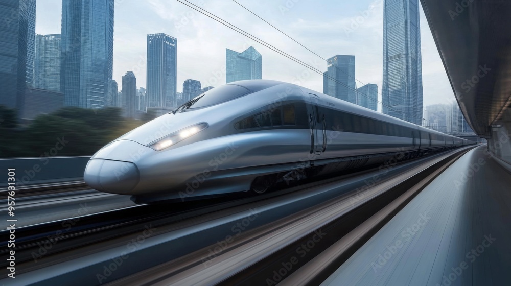 Poster A sleek high-speed train zooming through a modern urban landscape, with skyscrapers in the background and motion blur effects emphasizing its speed and efficiency.