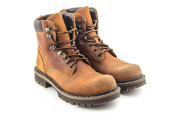 Tawny Leather Work Boots on White Background for Stylish Footwear Display