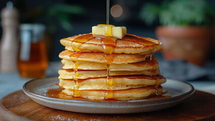 Stack of pancakes with melting butter and maple syrup drizzle on a dark plate.