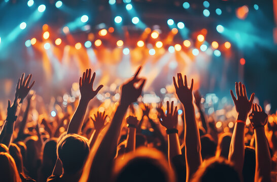 Enthusiastic crowd cheering at a lively concert under bright lights.
