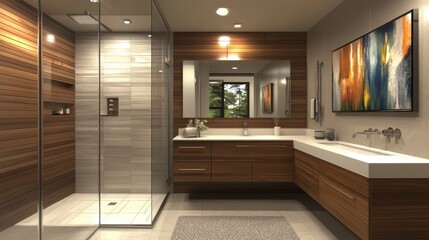 A modern bathroom with a large mirror, a floating vanity, and a walk-in shower with a rain showerhead.